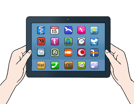 Zwei Hände halten ein Tablet. Auf dem Bildschirm sind App-Icons.